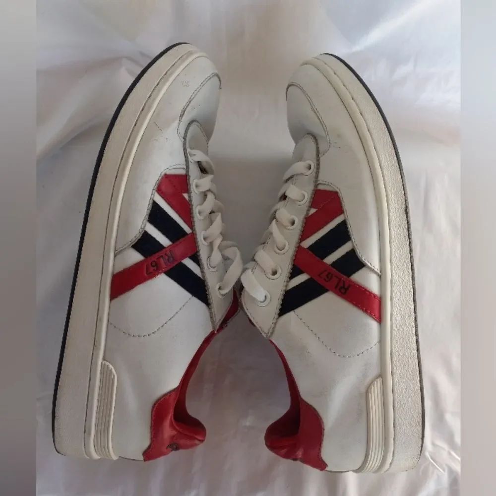 POLO Ralph Lauren Men's Vandan Sneaker White Red Black Leather Sz 8